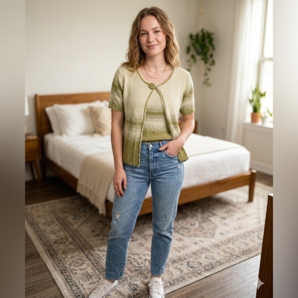Weiyina Women’s Large Linen Knit Cardigan Sweater & Shell Top Set L Green Stripe